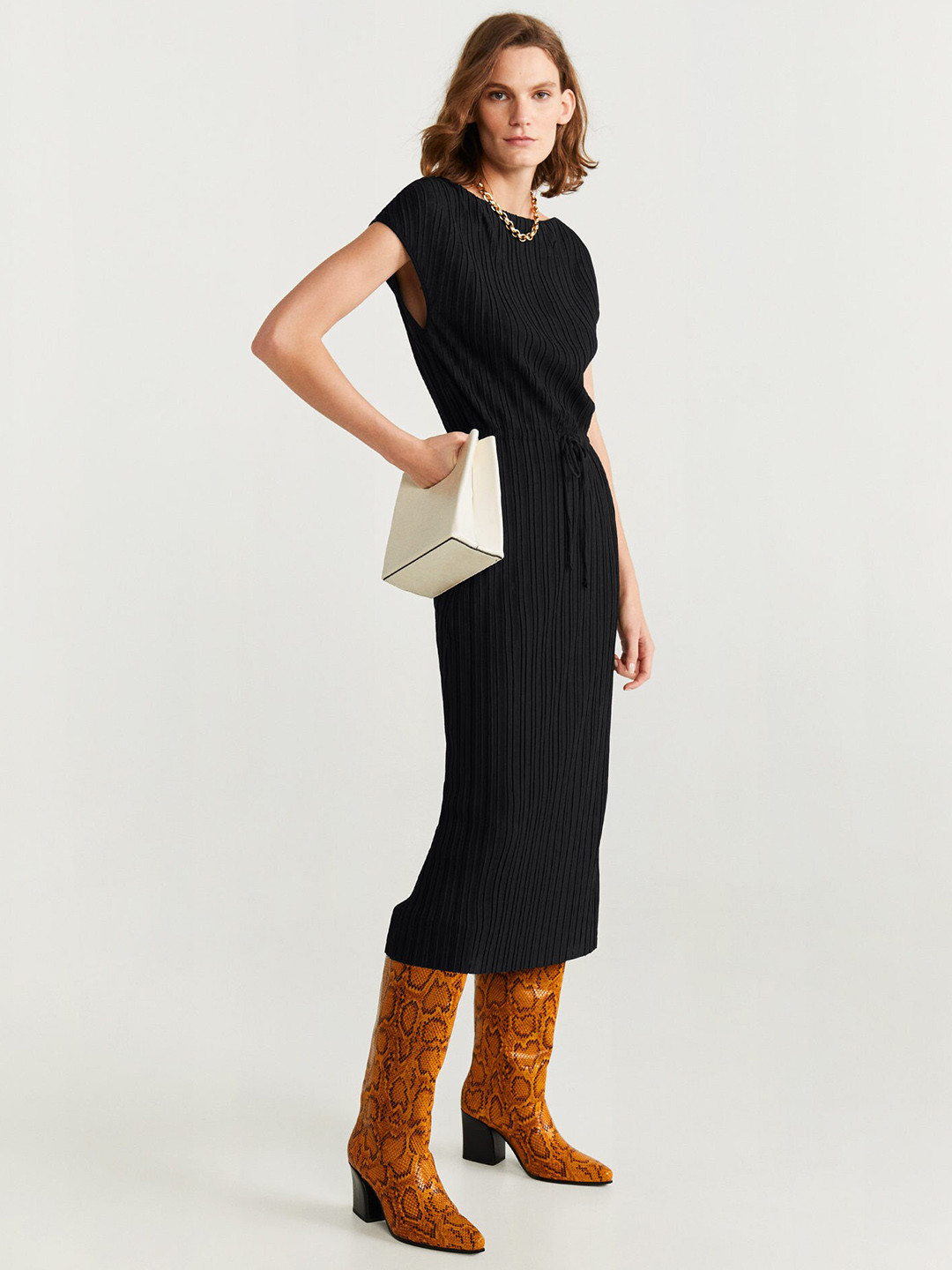 

MANGO Women Black Self-Striped Sheath Dress