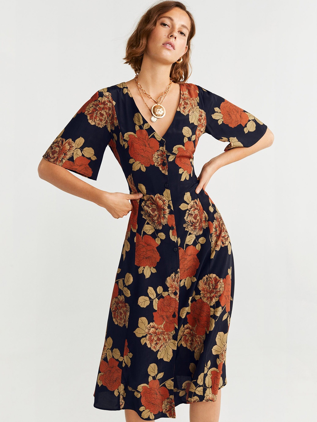 

MANGO Women Black & Rust Orange Printed A-Line Dress