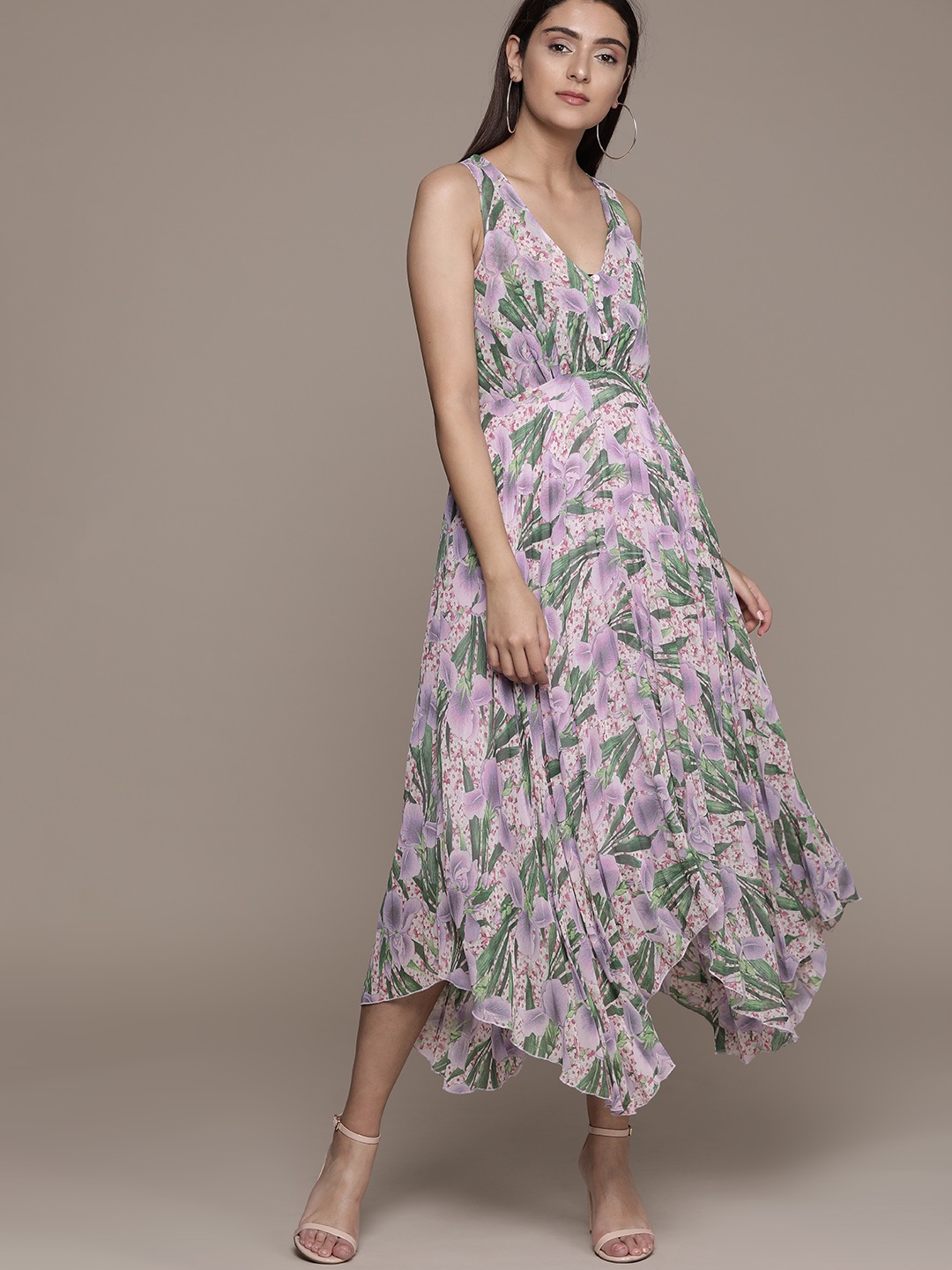 

MANGO Women Lavender & Green Floral Print Maxi Dress