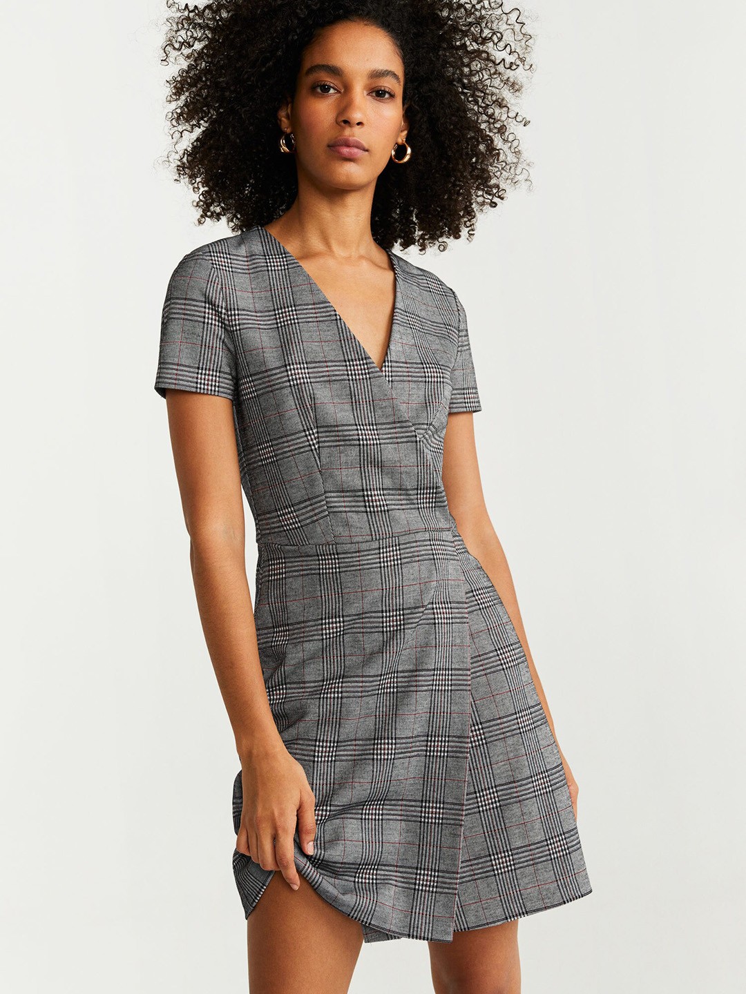 

MANGO Women Charcoal Grey Checked Wrap Dress