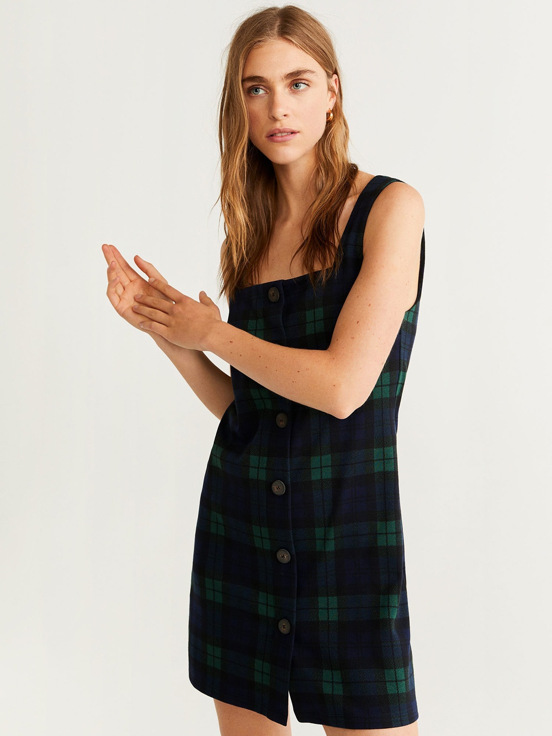 

MANGO Women Navy Blue & Green Checked Pinafore Dress