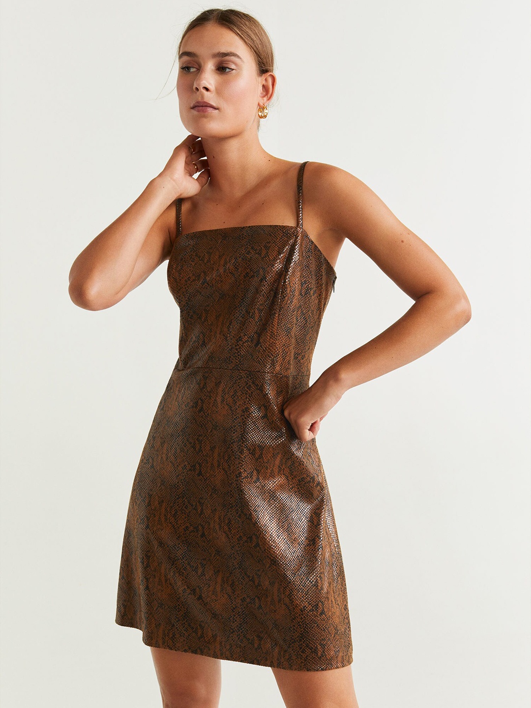 

MANGO Women Brown Snakeskin Print A-Line Dress
