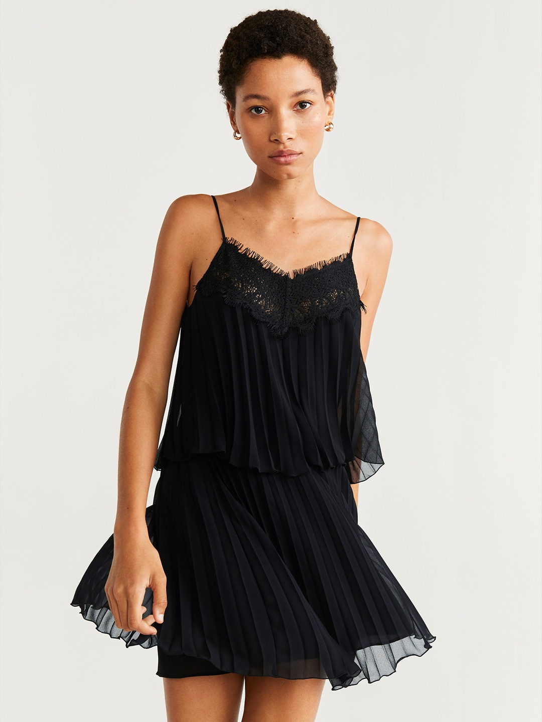 

MANGO Women Black Solid Accordion Pleated Layered A-Line Dress