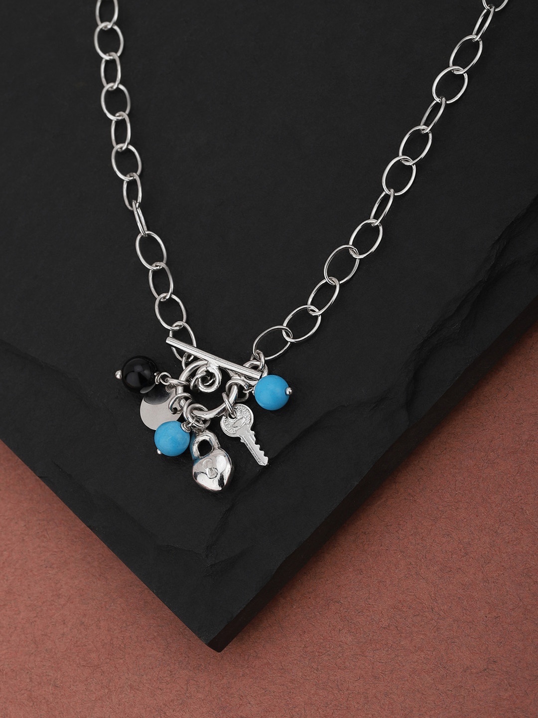 

Carlton London Silver-Toned & Blue Rhodium-Plated Charm Beaded Necklace