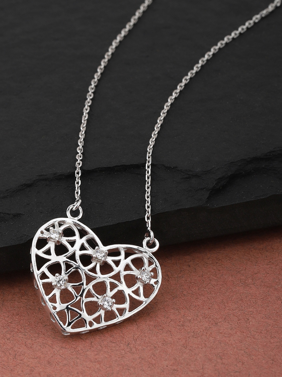 

Carlton London Silver-Toned Rhodium-Plated CZ-Studded Heart-Shaped Necklace