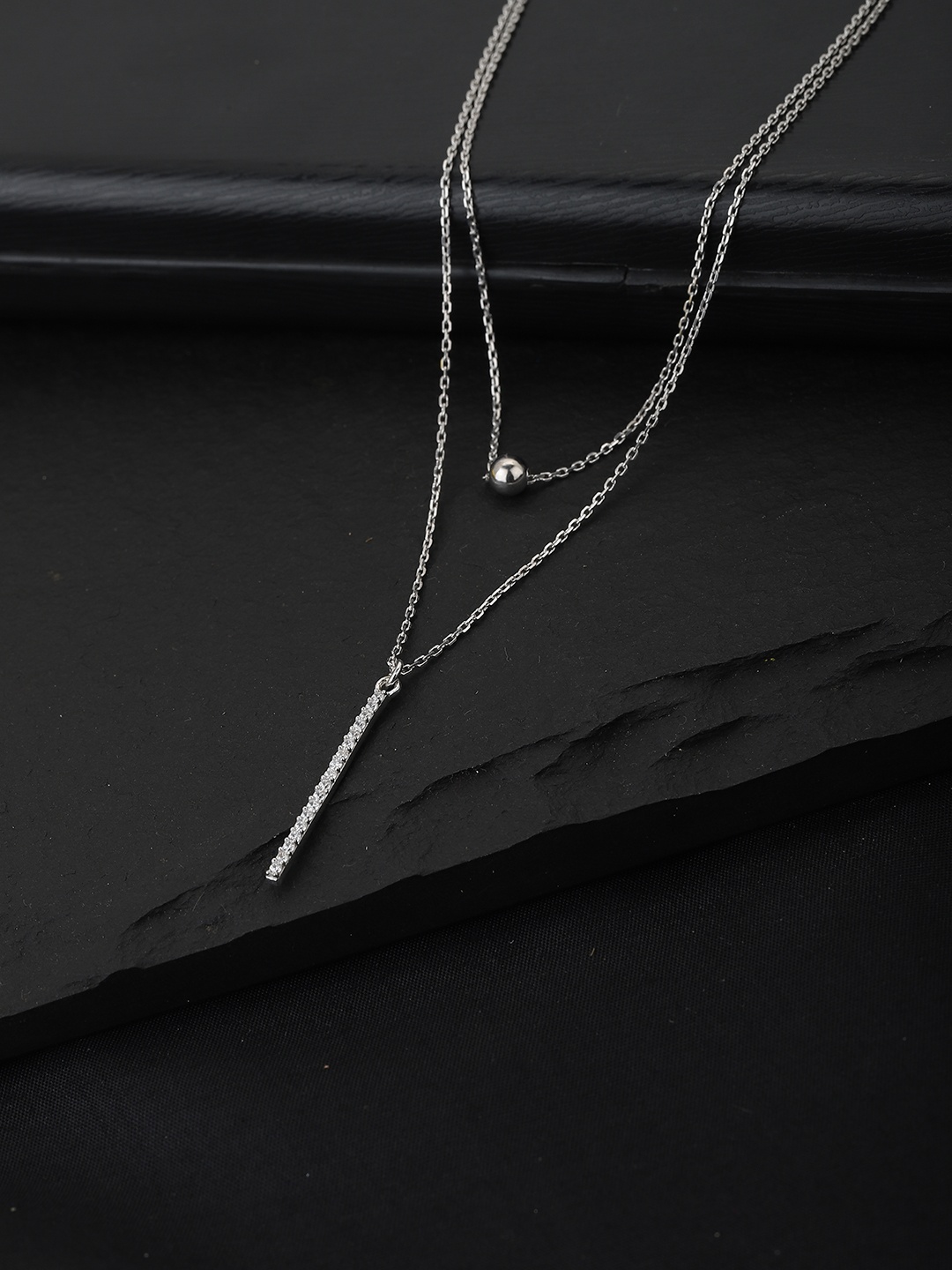 

Carlton London Silver-Toned Rhodium-Plated CZ Studded Layered Lariat Necklace