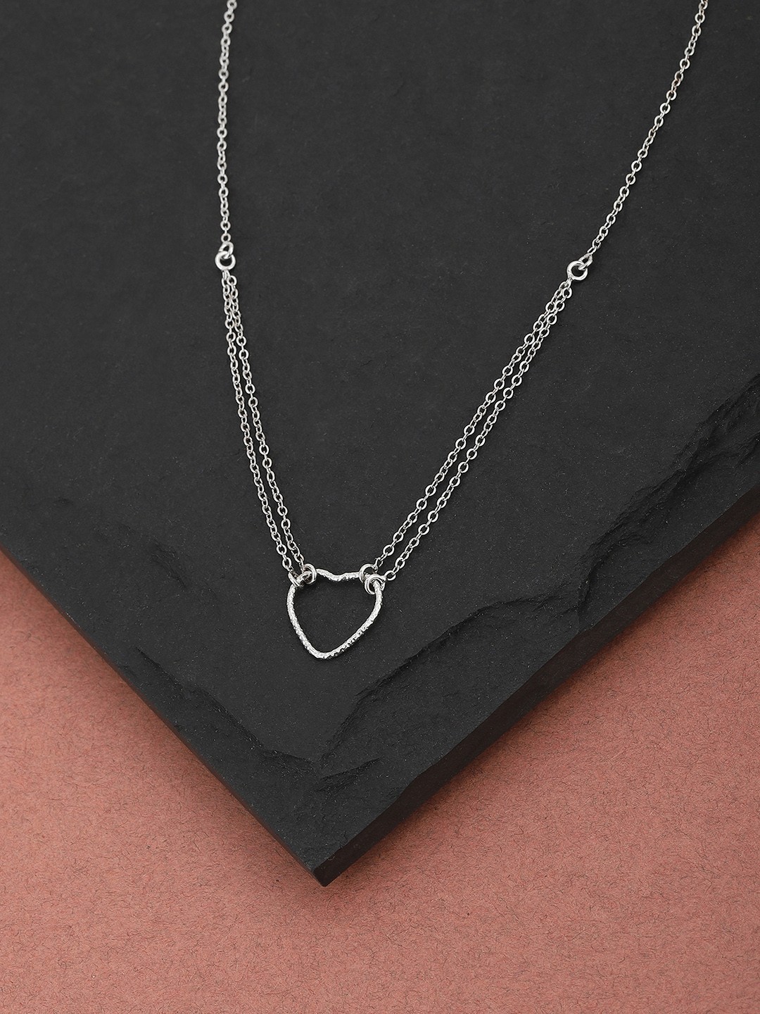 

Carlton London Silver-Toned Rhodium-Plated Heart-Shaped Dual-Stranded Necklace