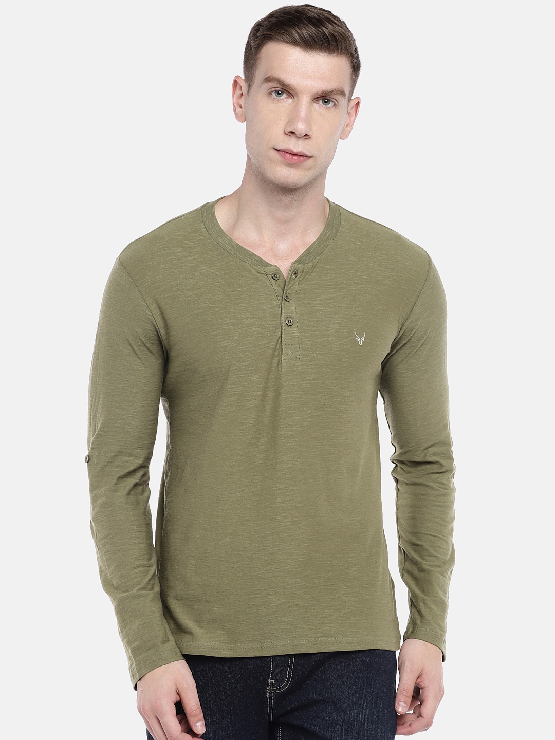 

Globus Men Olive Green Solid Henley Neck T-shirt