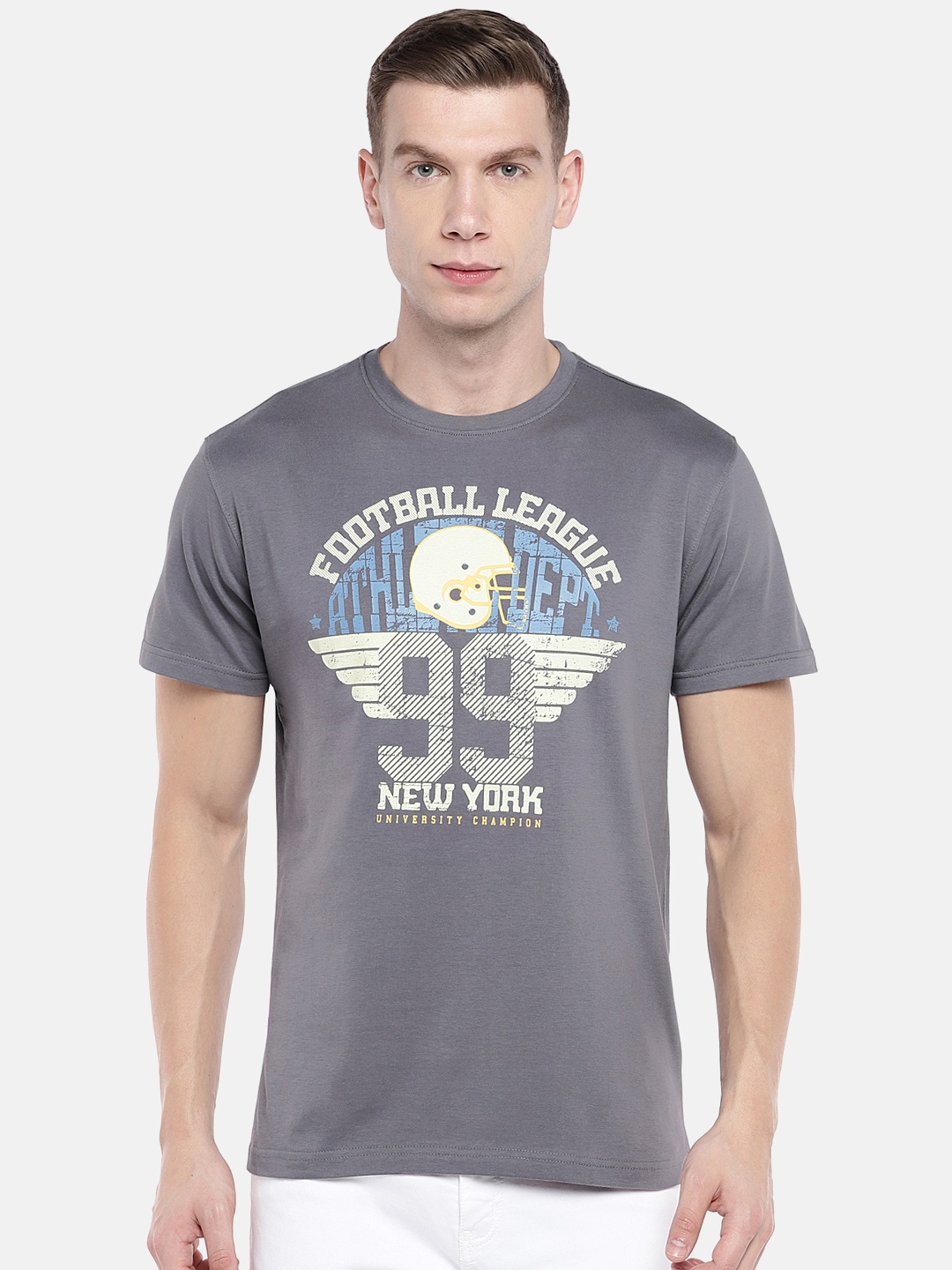 

Globus Men Grey Printed Round Neck T-shirt