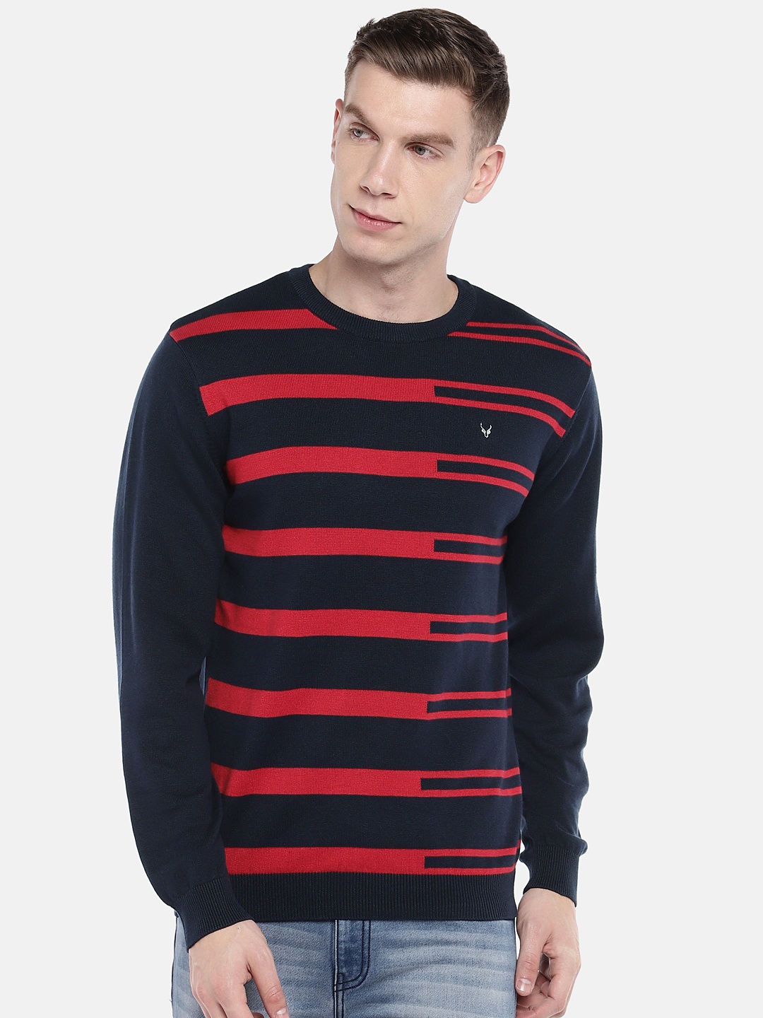 

Globus Men Navy Blue & Red Striped Pullover Sweater