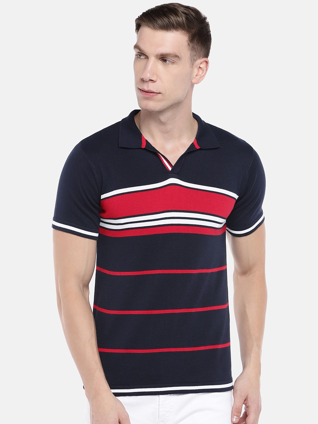 

Globus Men Navy Blue & Red Striped Polo Collar T-shirt