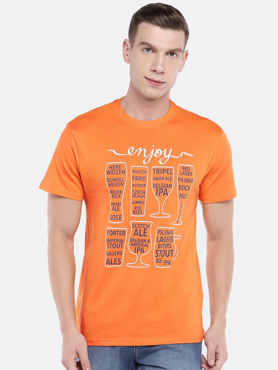 

Globus Men Orange Printed Round Neck T-shirt