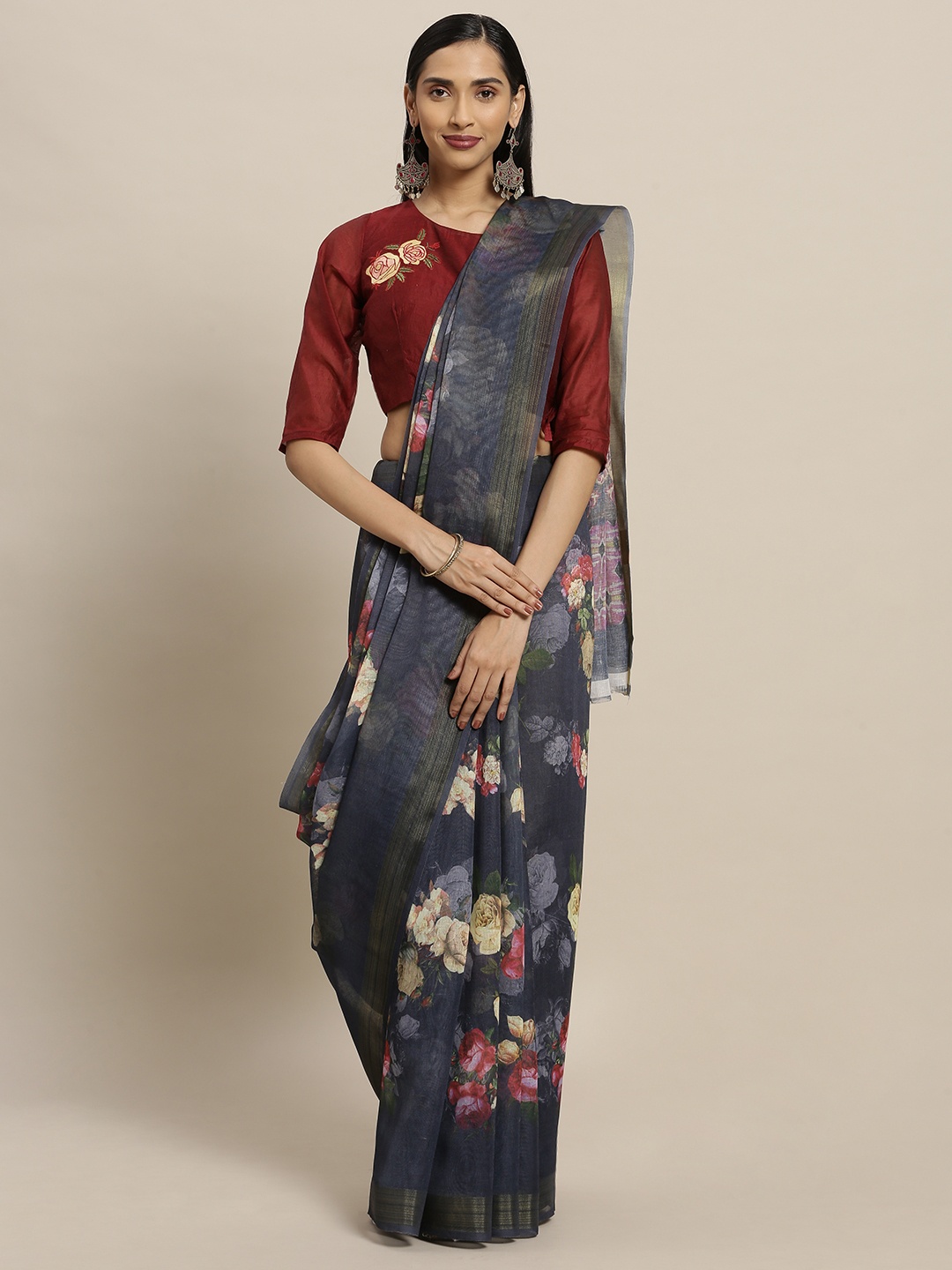 

Shaily Navy Blue & Beige Pure Linen Printed Saree