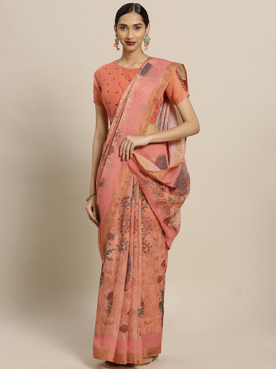 

Shaily Peach-Coloured & Blue Pure Linen Printed Saree