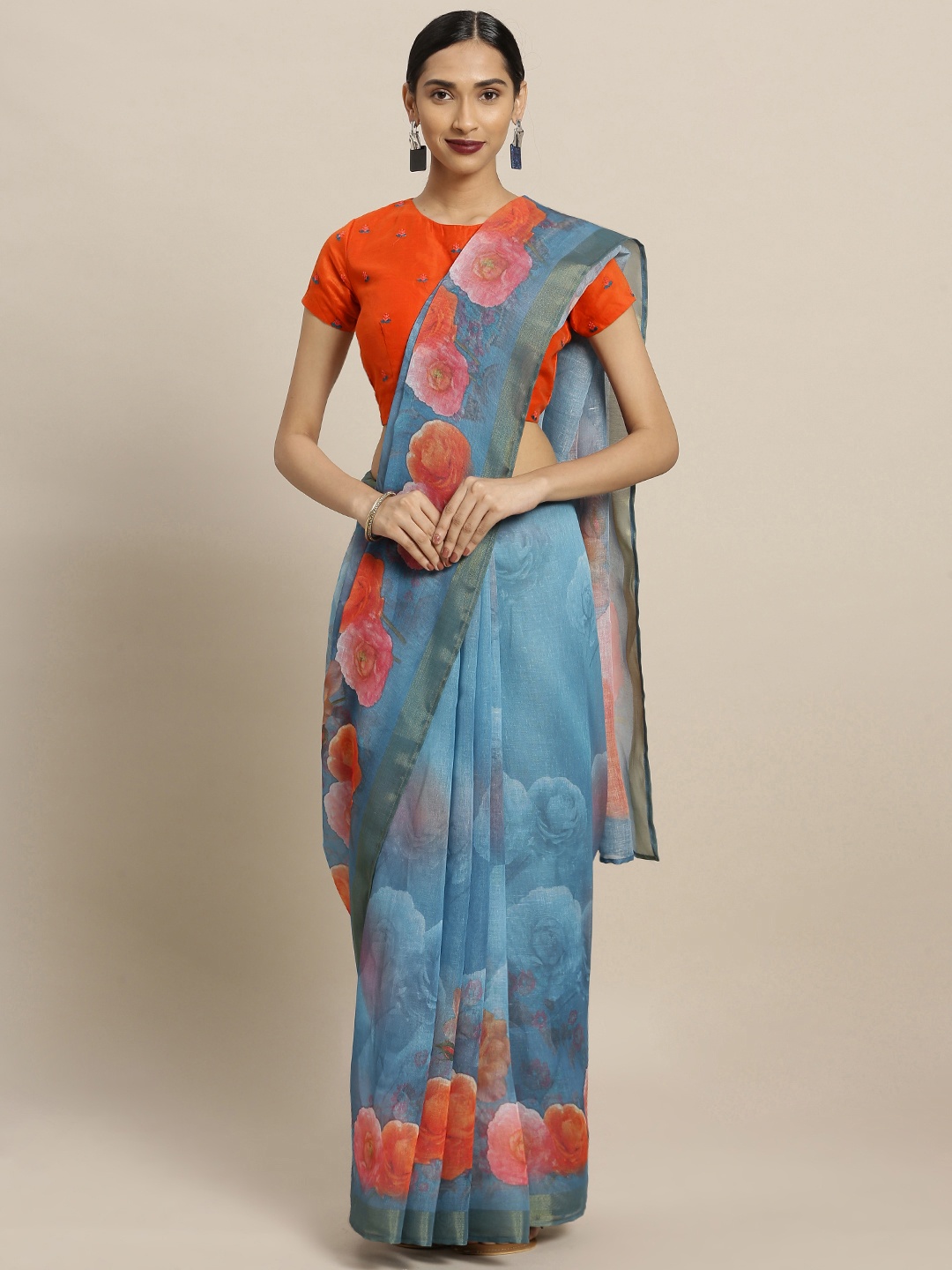 

Shaily Blue & Orange Pure Linen Printed Saree