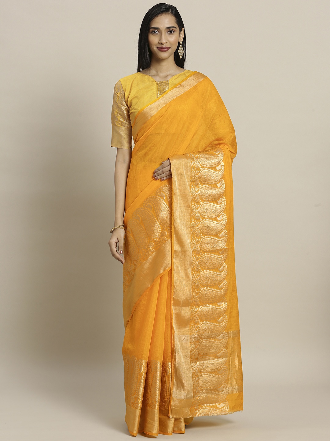 

Shaily Orange & Golden Solid Pure Linen Saree