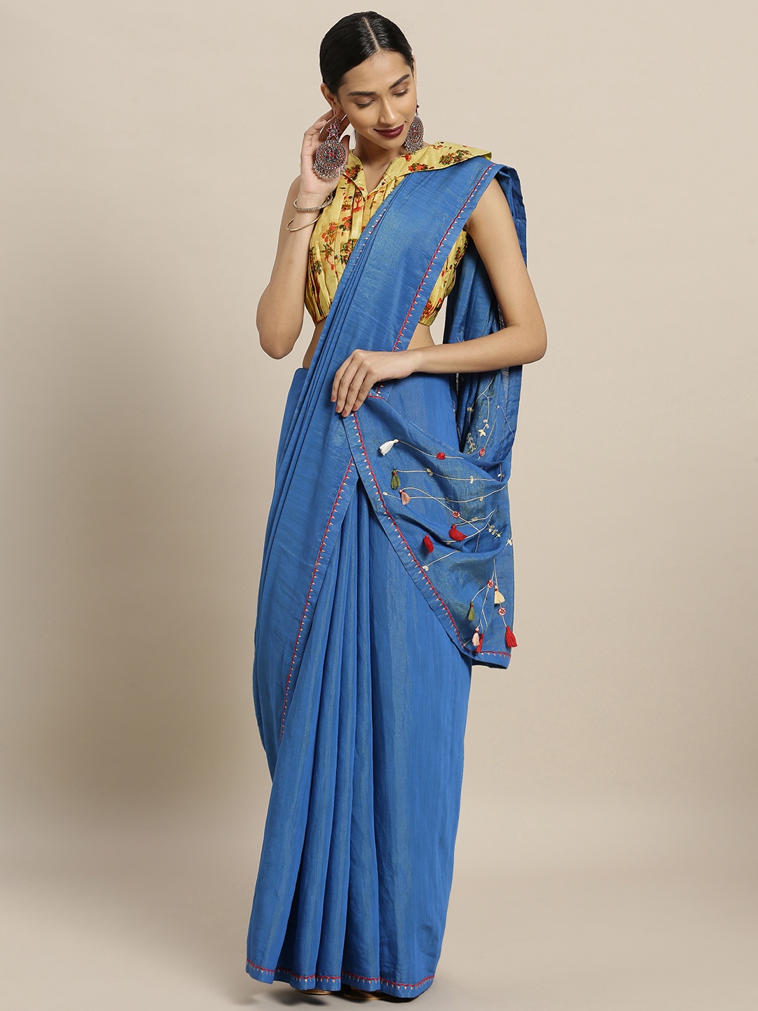 

Shaily Blue Solid Cotton Blend Saree