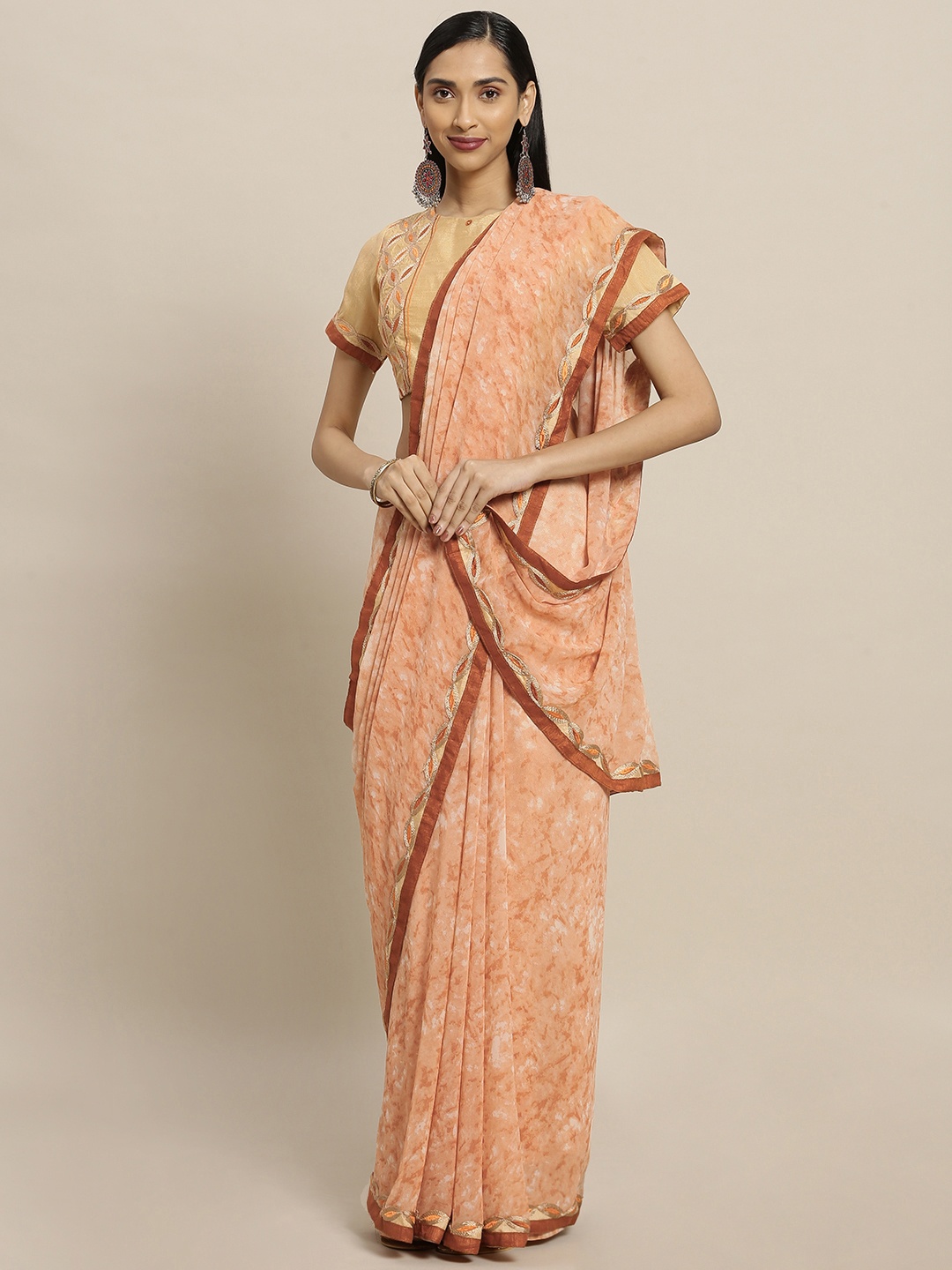 

Shaily Peach-Coloured & Brown Pure Georgette Dyed Saree