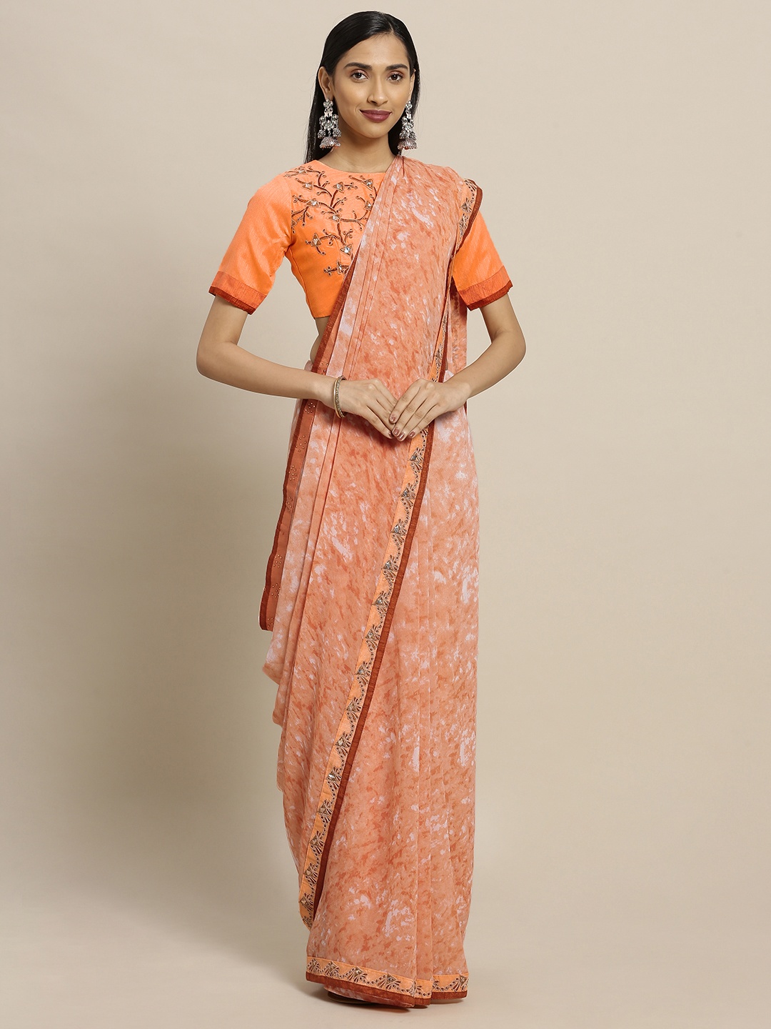 

Shaily Peach-Coloured & White Pure Georgette Printed Saree