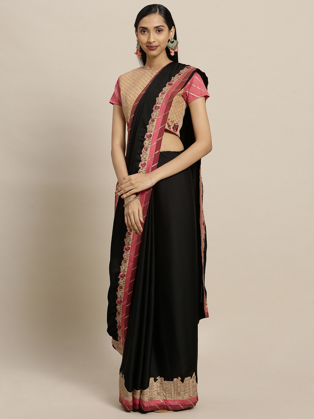 

Shaily Black & Beige Solid Satin Saree