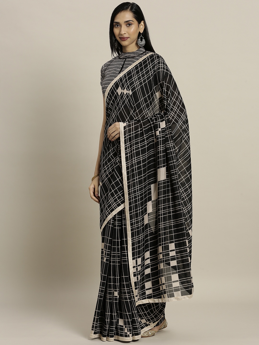 

Shaily Black & Cream-Coloured Silk Cotton Checked Saree