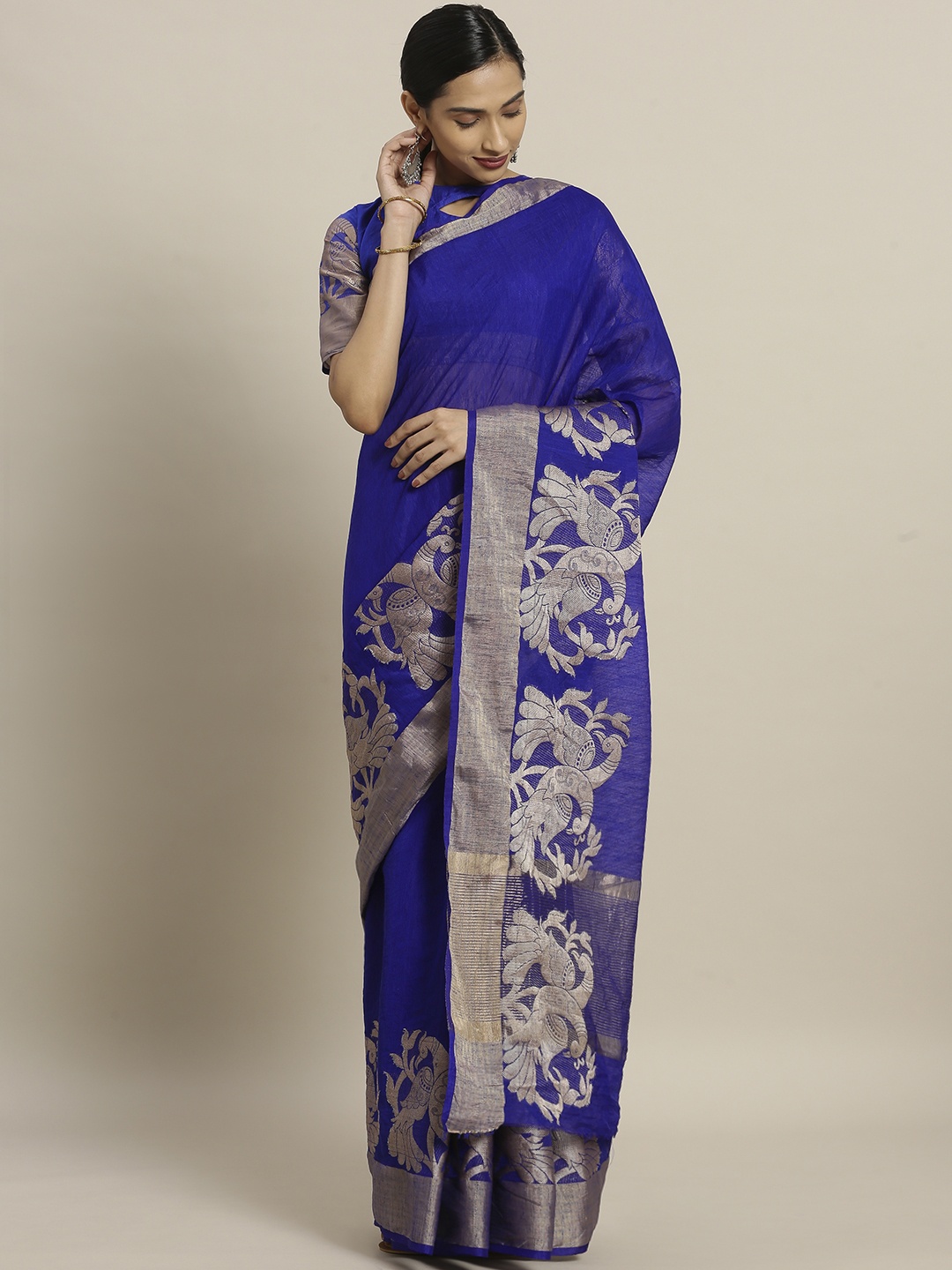 

Shaily Blue & Grey Pure Linen Woven Design Saree