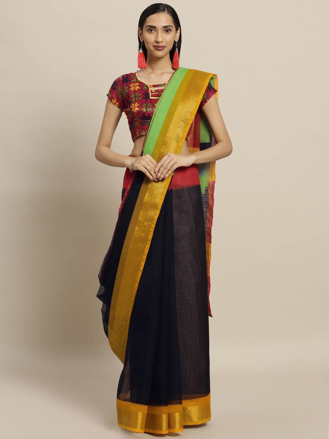 

Shaily Black & Mustard Yellow Silk Cotton Printed Saree