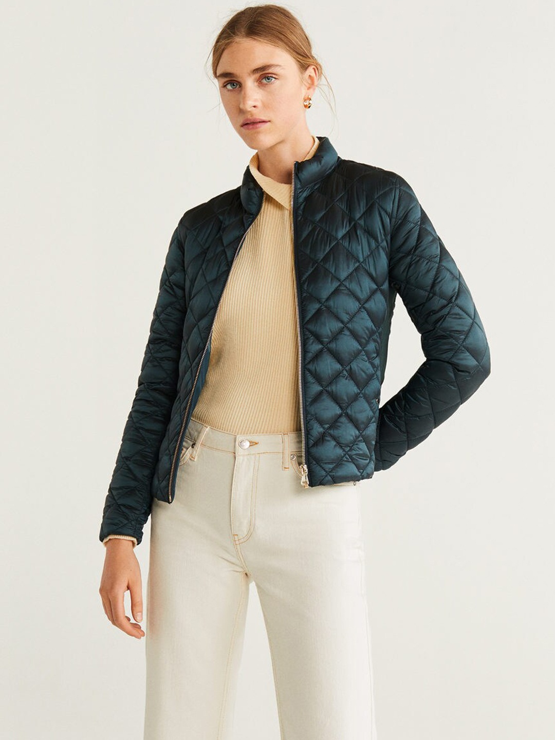 

MANGO Women Teal Blue Solid Quilted Jacket