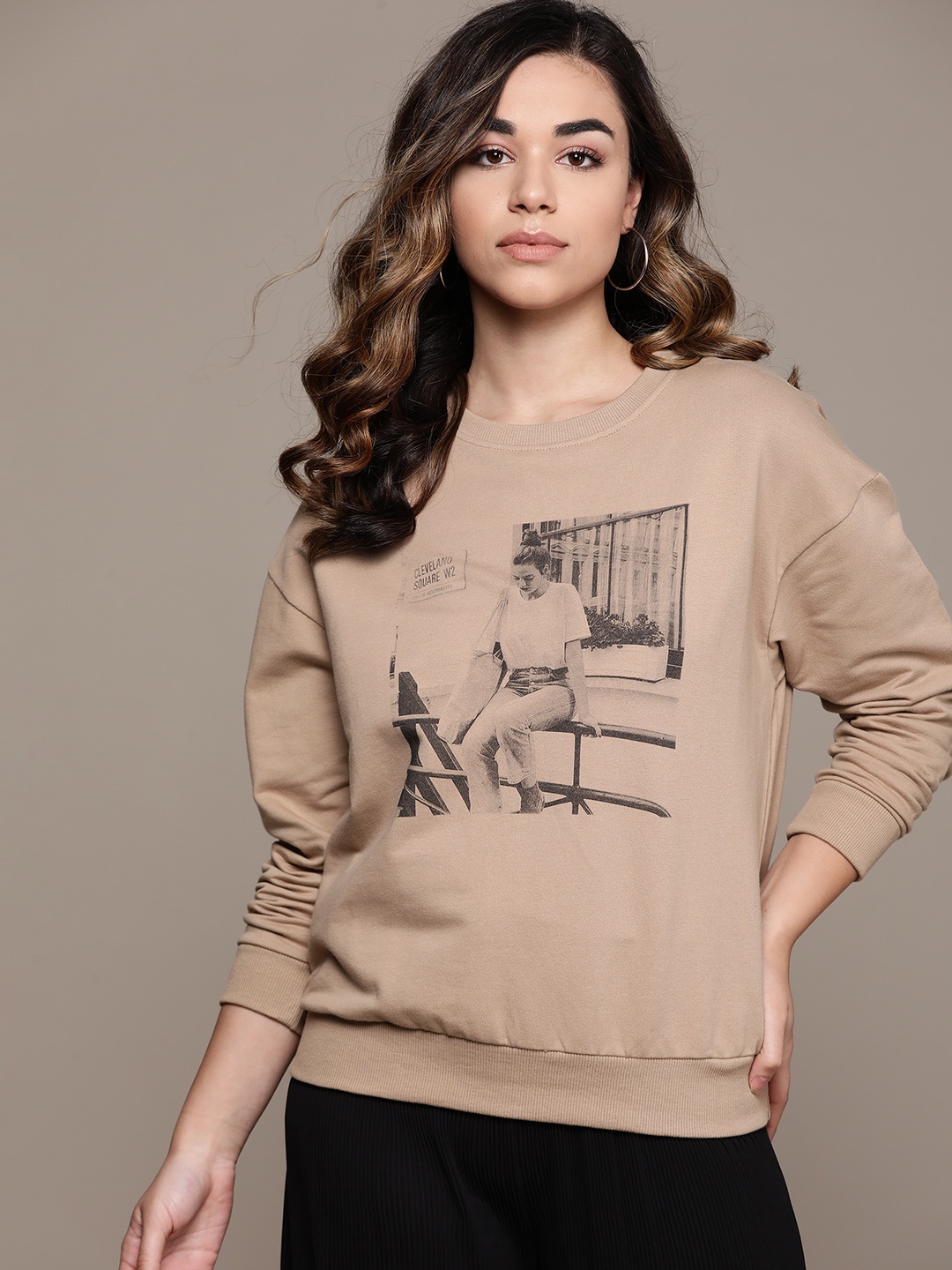 

MANGO Women Beige & Black Printed Sweatshirt