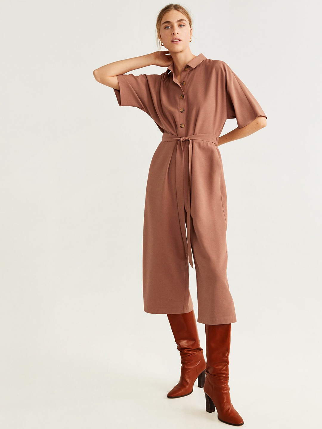 

MANGO Women Brown Solid Cropped Basic Jumpsuit