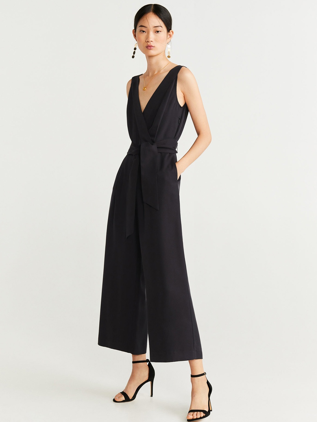 

MANGO Women Black Solid Basic Jumpsuit with Belt
