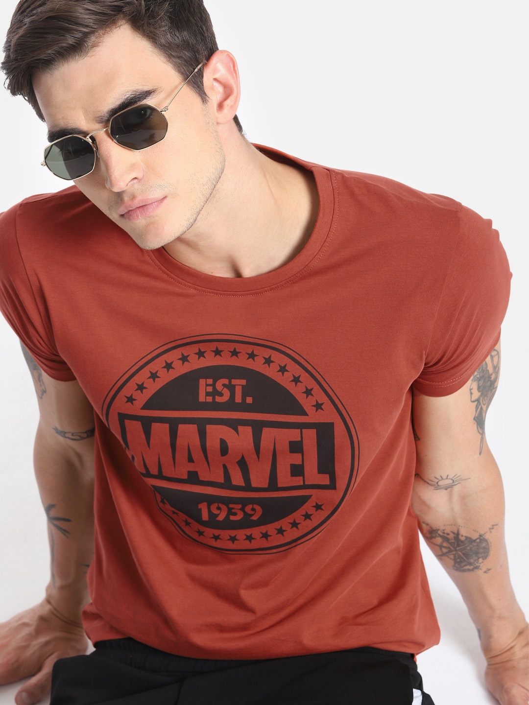 

Kook N Keech Marvel Men Rust Orange Printed Round Neck Pure Cotton T-shirt