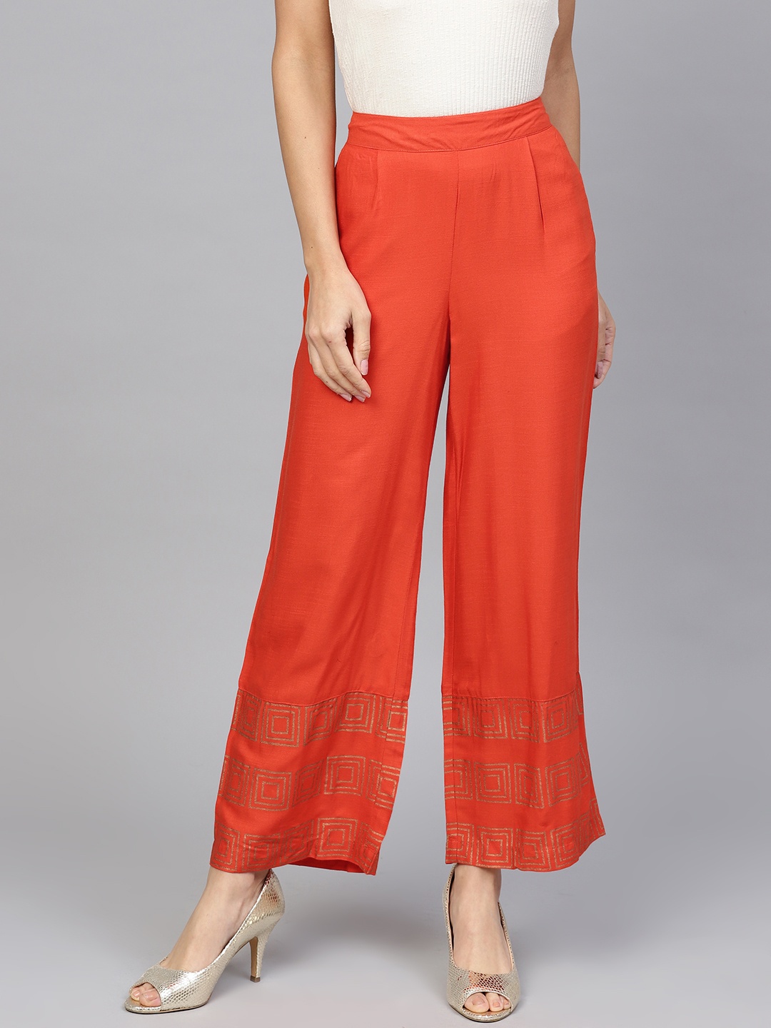 

Jaipur Kurti Women Orange & Golden Hem Design Straight Palazzos