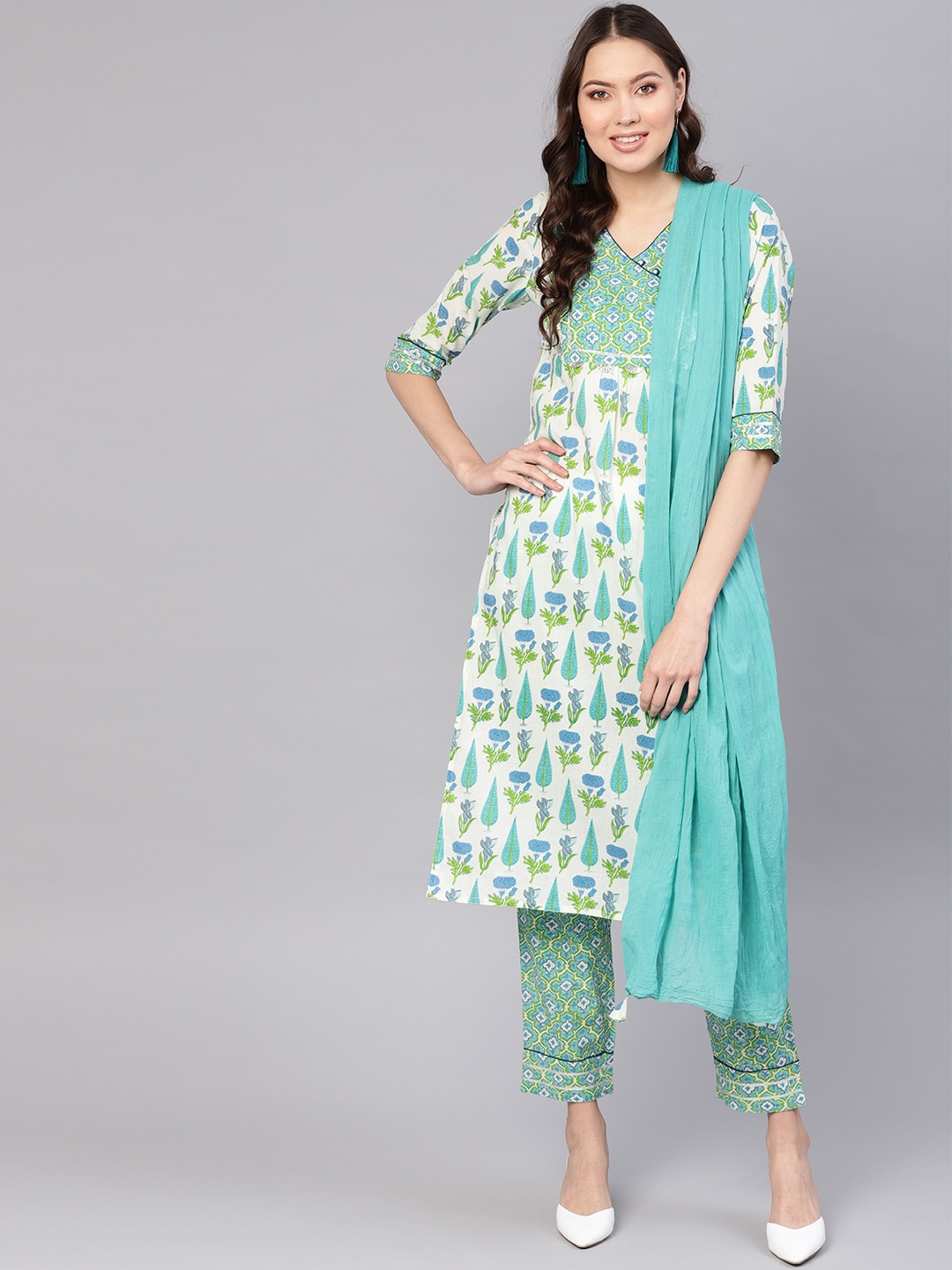 

Jaipur Kurti Women Blue & White Hand Printed Angrakha Kurta with Trousers & Dupatta