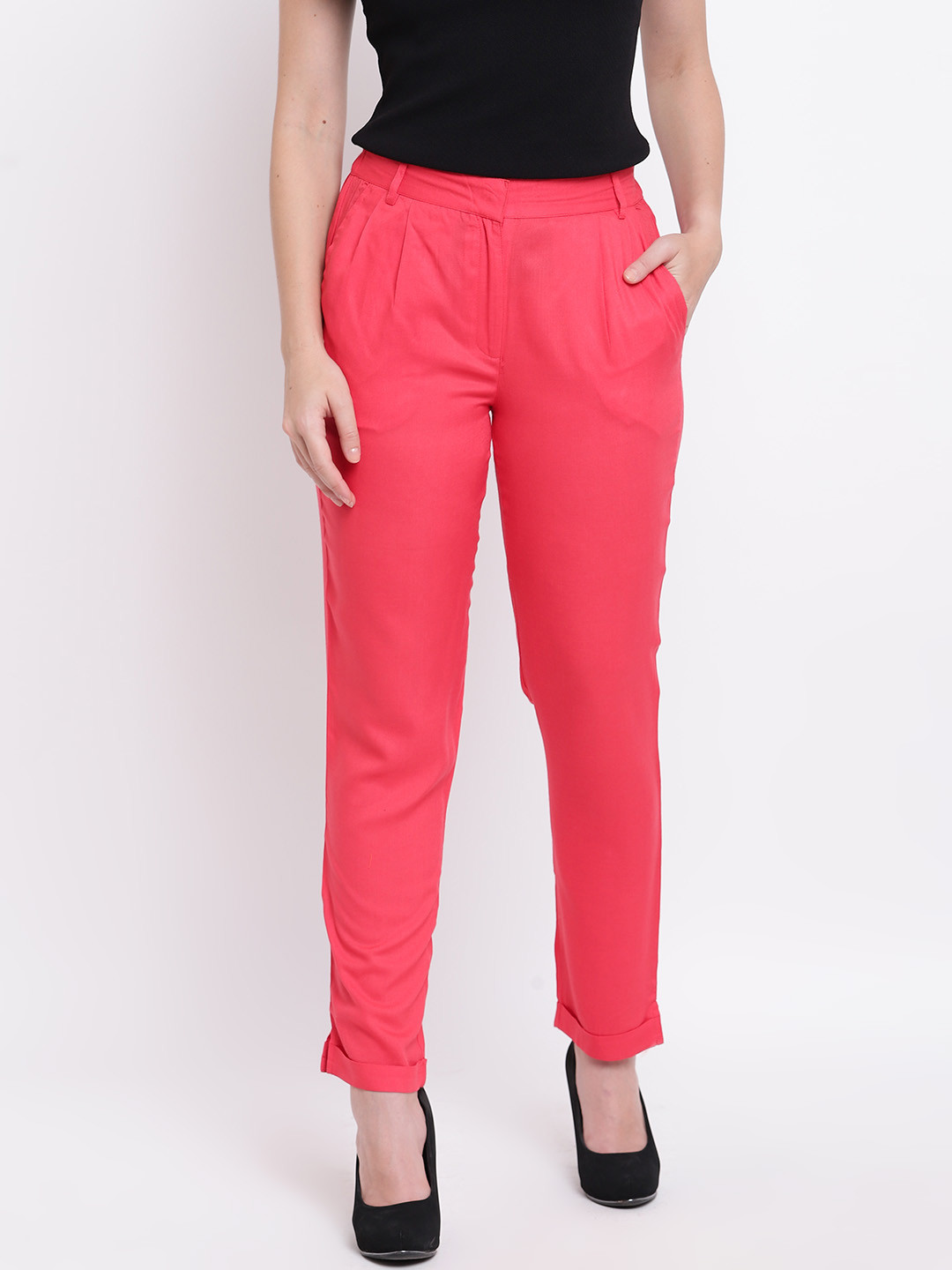 

Deewa Women Coral Pink Regular Fit Solid Regular Trousers