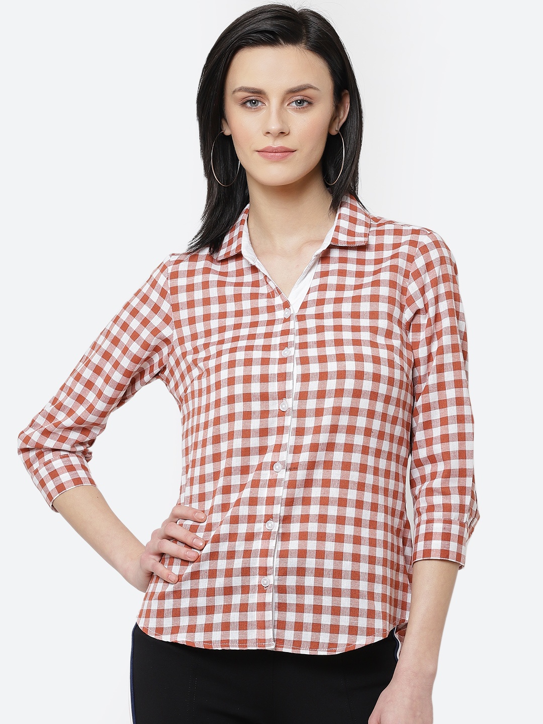 

Deewa Women Brown & White Regular Fit Checked Casual Shirt