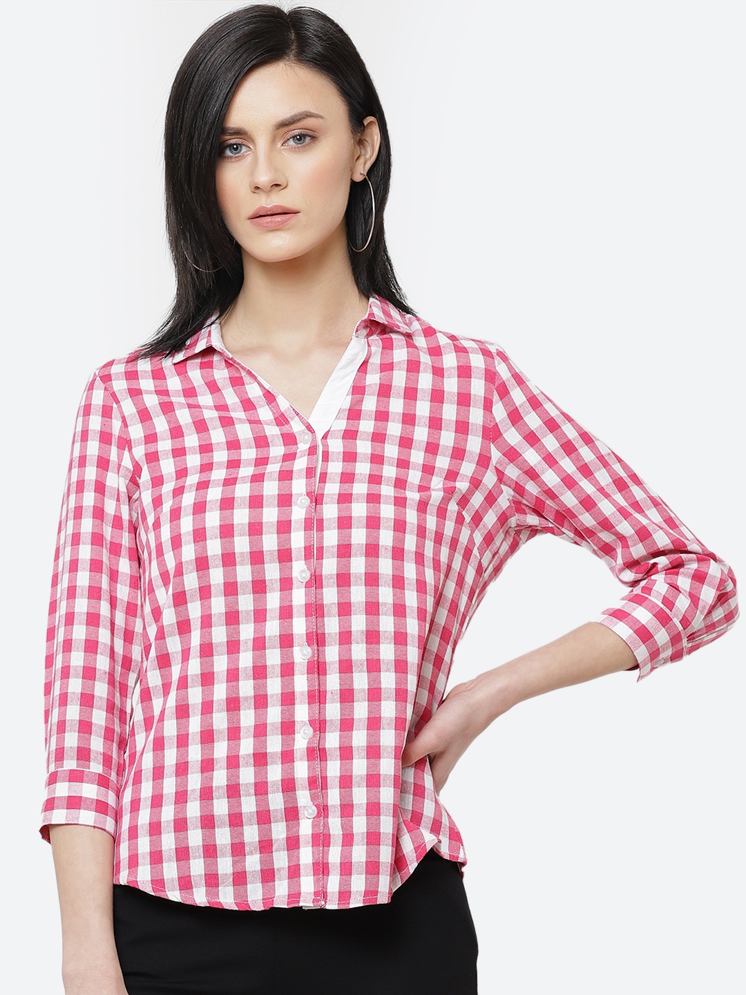 

Deewa Women Pink & White Regular Fit Checked Casual Shirt