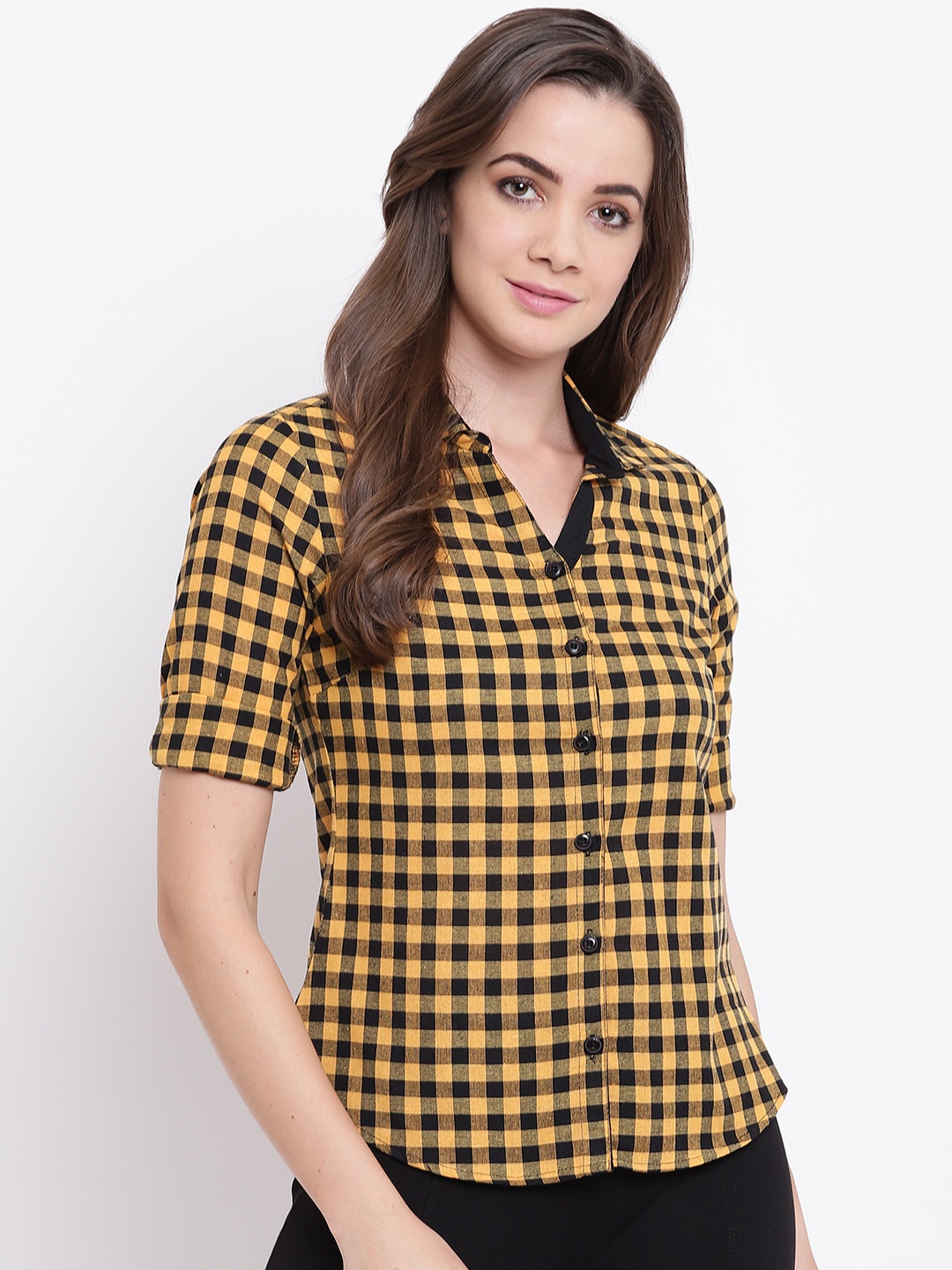 

Deewa Women Mustard Yellow & Black Regular Fit Buffalo Checks Casual Shirt