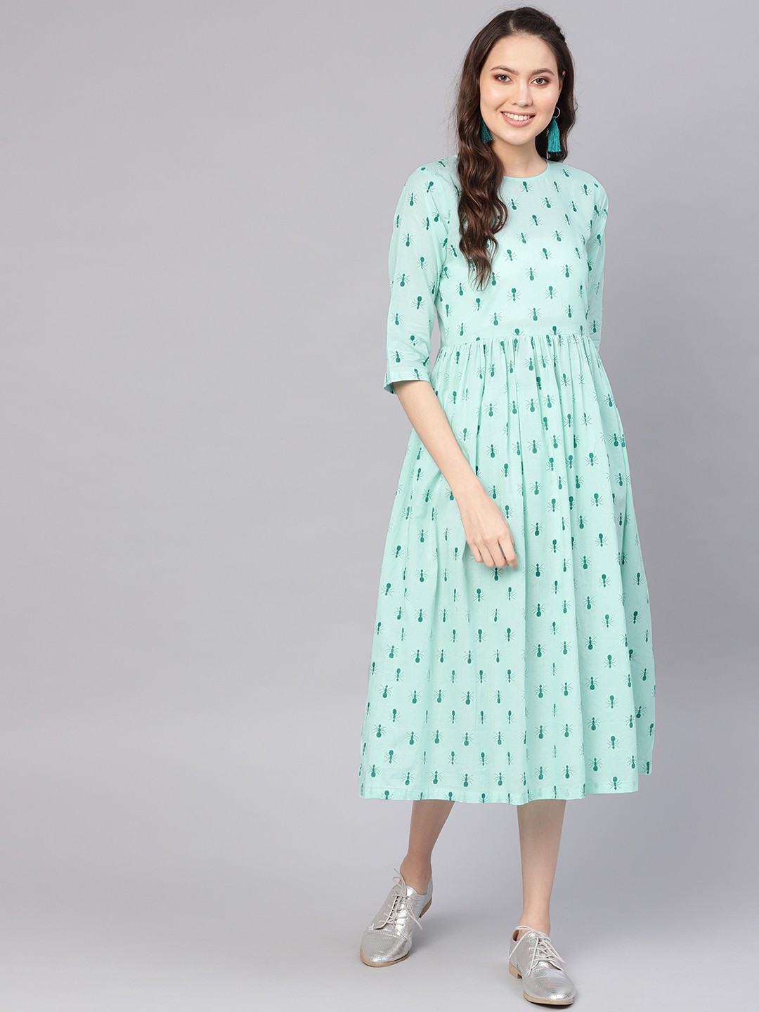 

Nayo Women Green Ant Printed A-Line Dress
