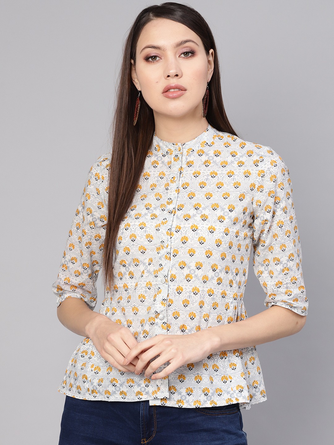 

Nayo Women Blue & Mustard Yellow Printed Pure Cotton Shirt Style Pure Cotton Top