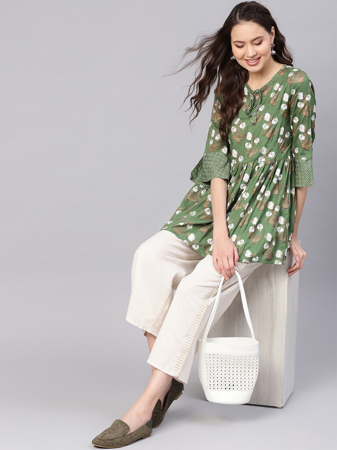 

Nayo Women Green & White Printed A-Line Tunic