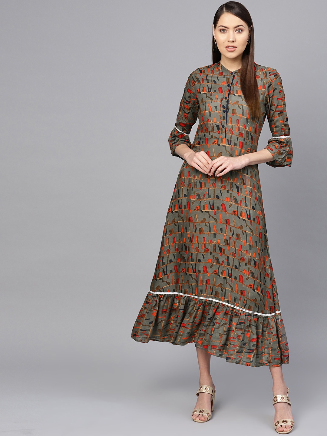 

Nayo Women Olive Green & Orange Printed Maxi Dress