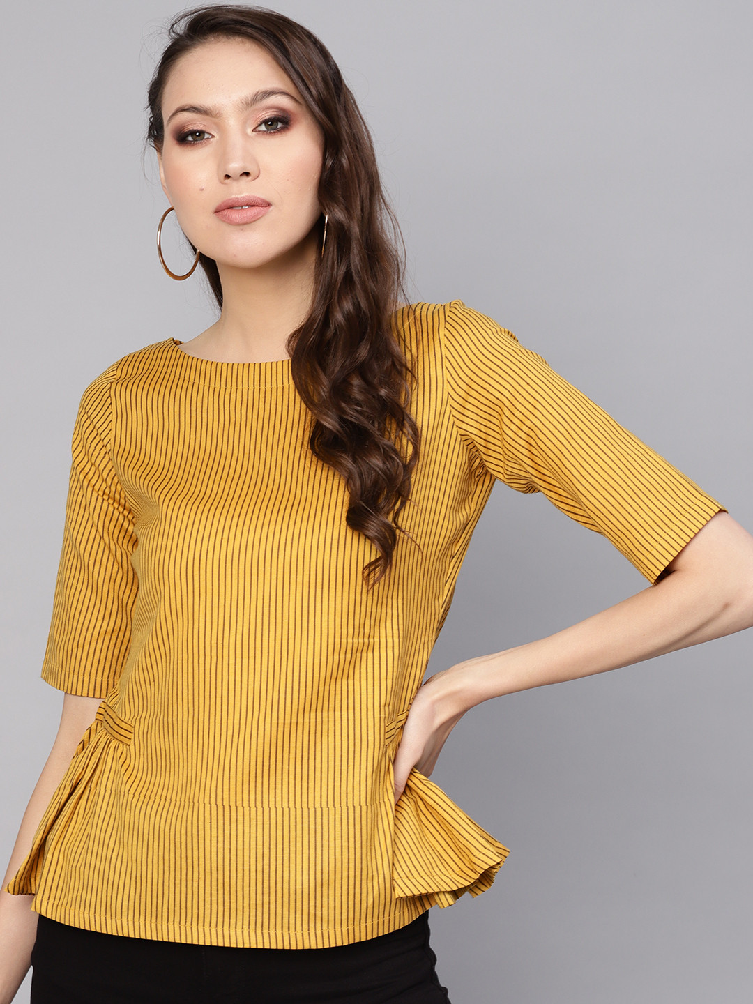 

Nayo Women Mustard Yellow & Brown Striped A-Line Top