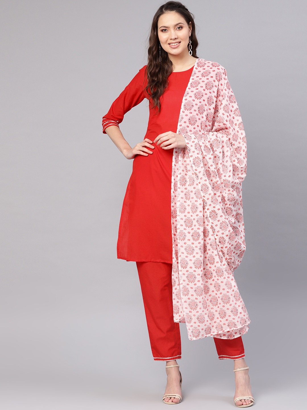 

Nayo Women Red & Off-White Solid Kurta with Palazzos & Dupatta