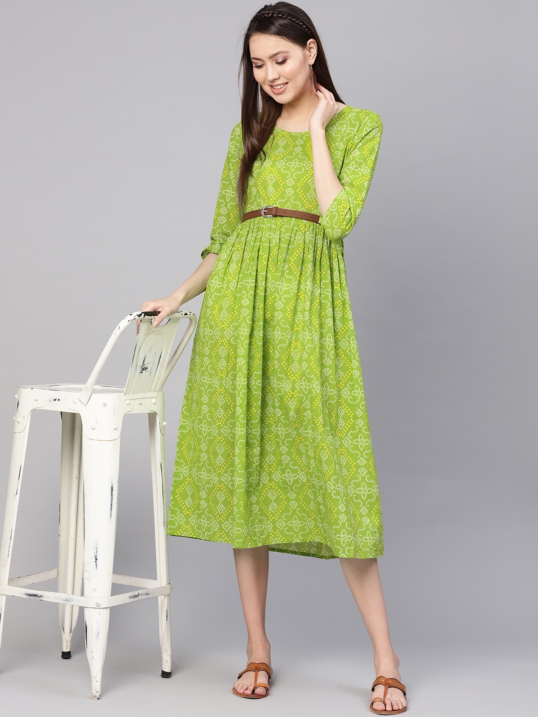 

Nayo Women Green & Yellow Bandhej Printed A-Line Dress