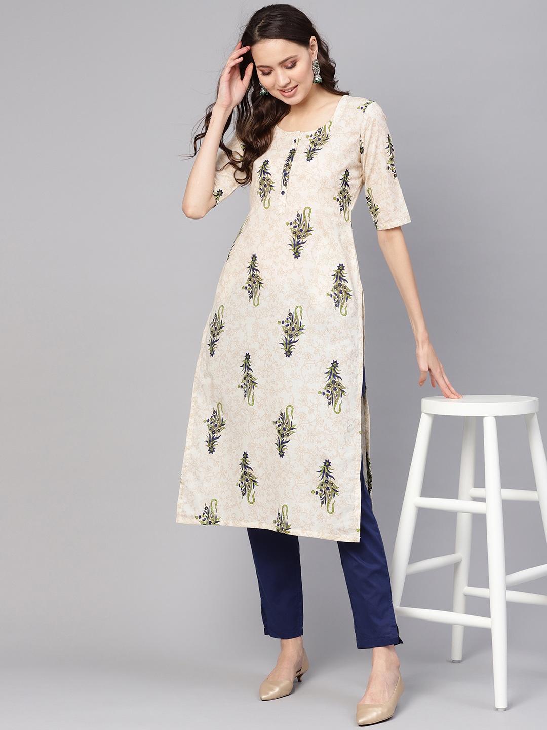 

Nayo Women Off-White & Navy Blue Printed Kurta with Trousers, Beige