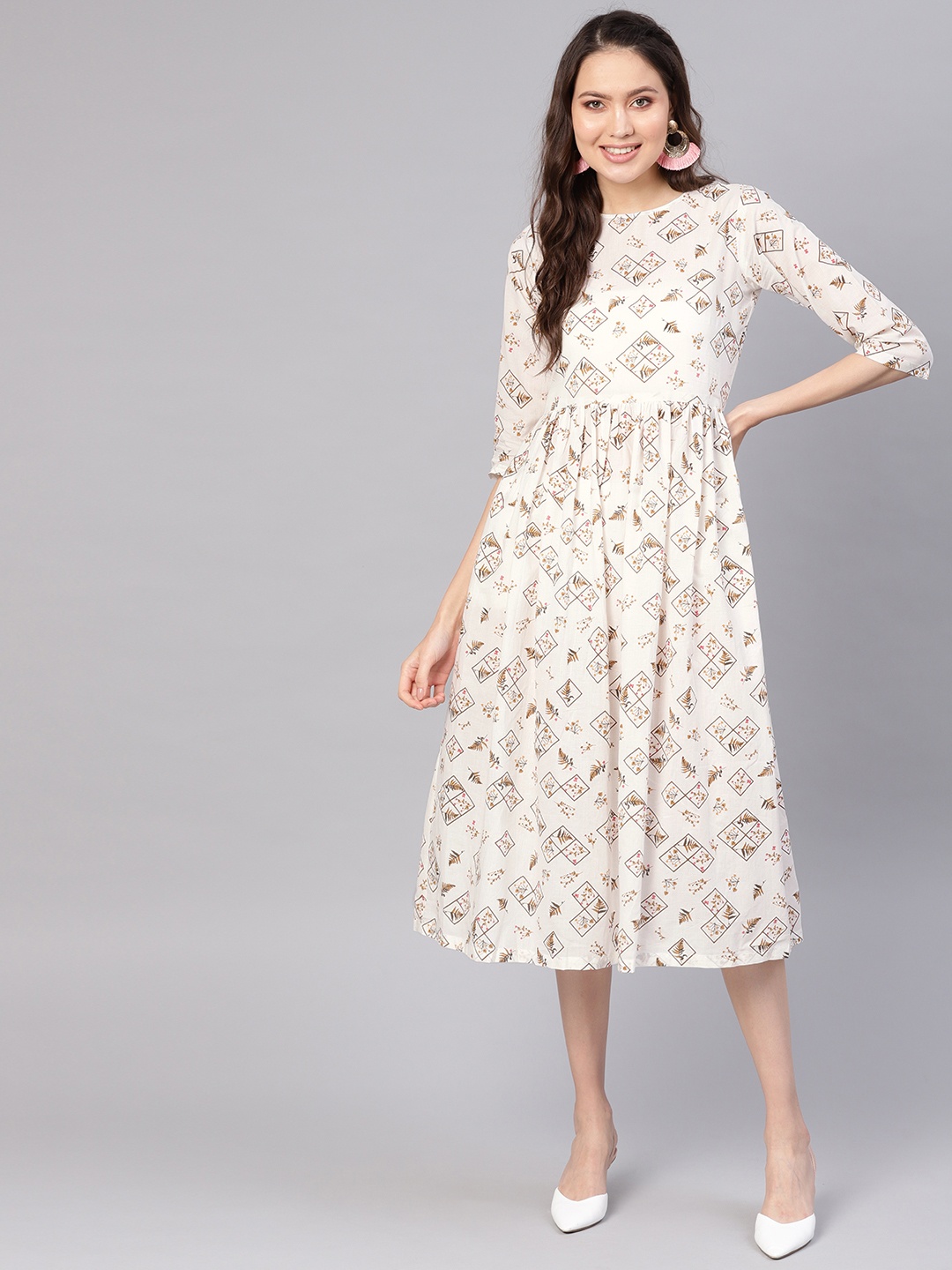 

Nayo Women Off-White & Brown Floral Print A-Line Dress