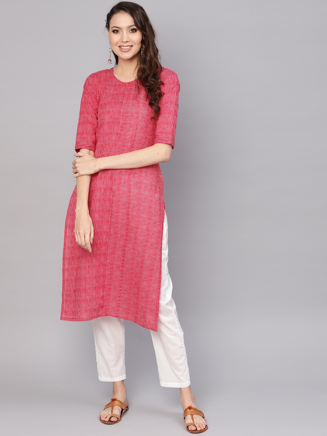 

Nayo Women Red & White Striped Kurta with Trousers