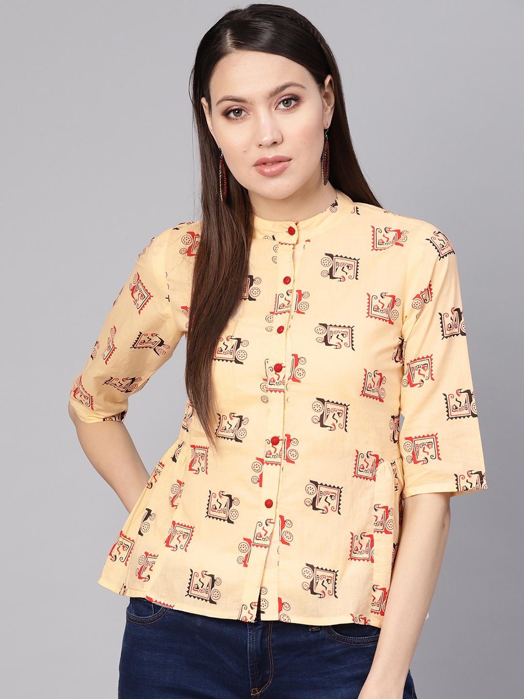 

Nayo Women Cream-Coloured & Red Printed Shirt Style Top