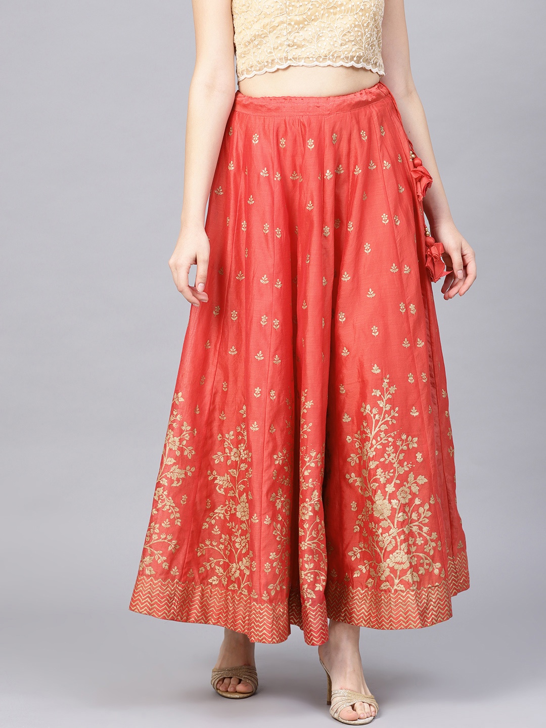 

Biba Rust Red & Golden Printed Maxi Flared Skirt